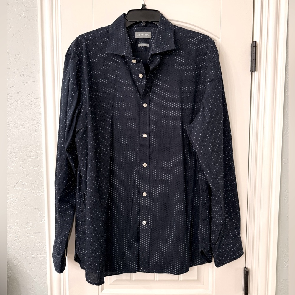 MICHAEL KORS Men's Navy and White small Polka Dots Button-Up Shirt